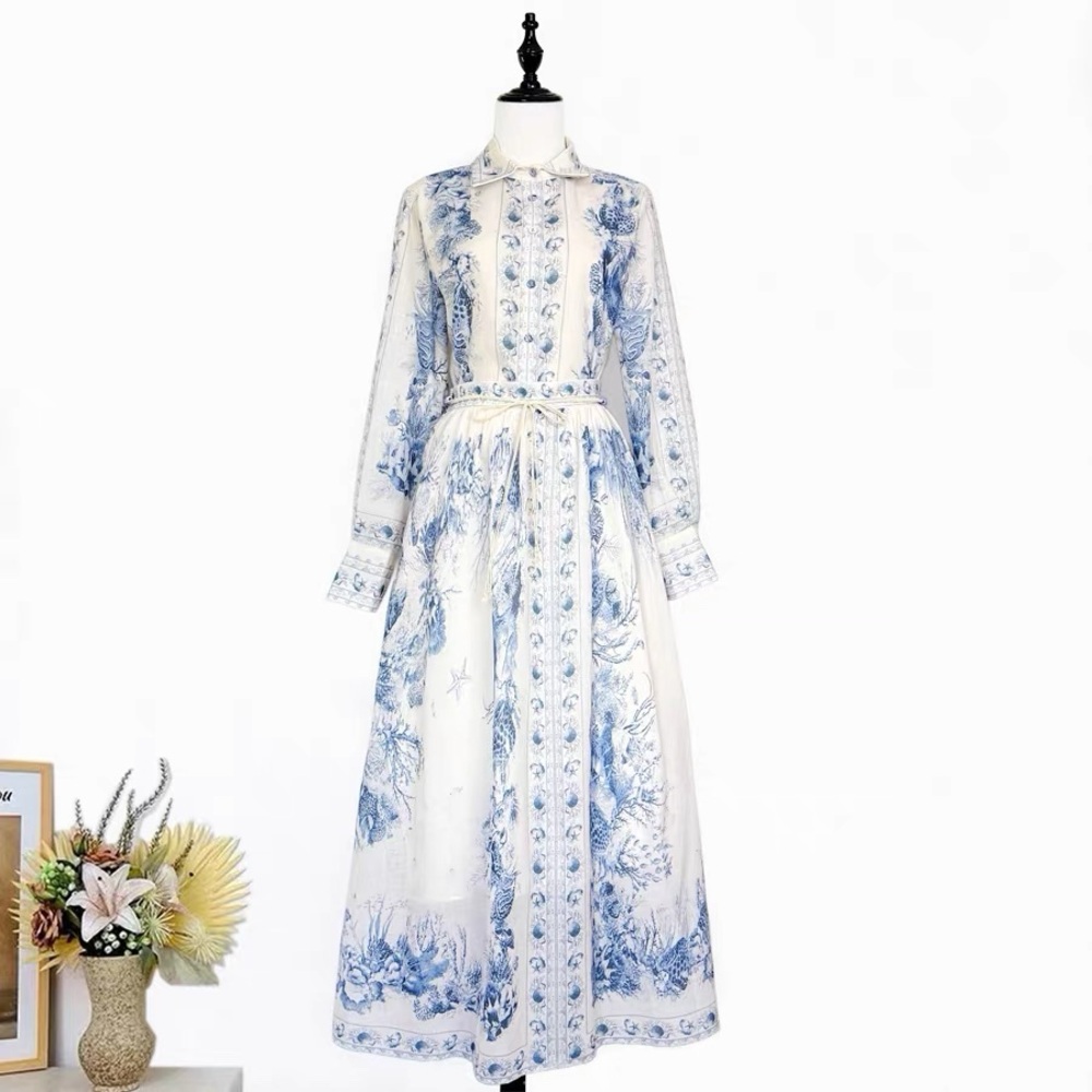 Designer-Style Blue and White Patterned Blouse and Skirt Set